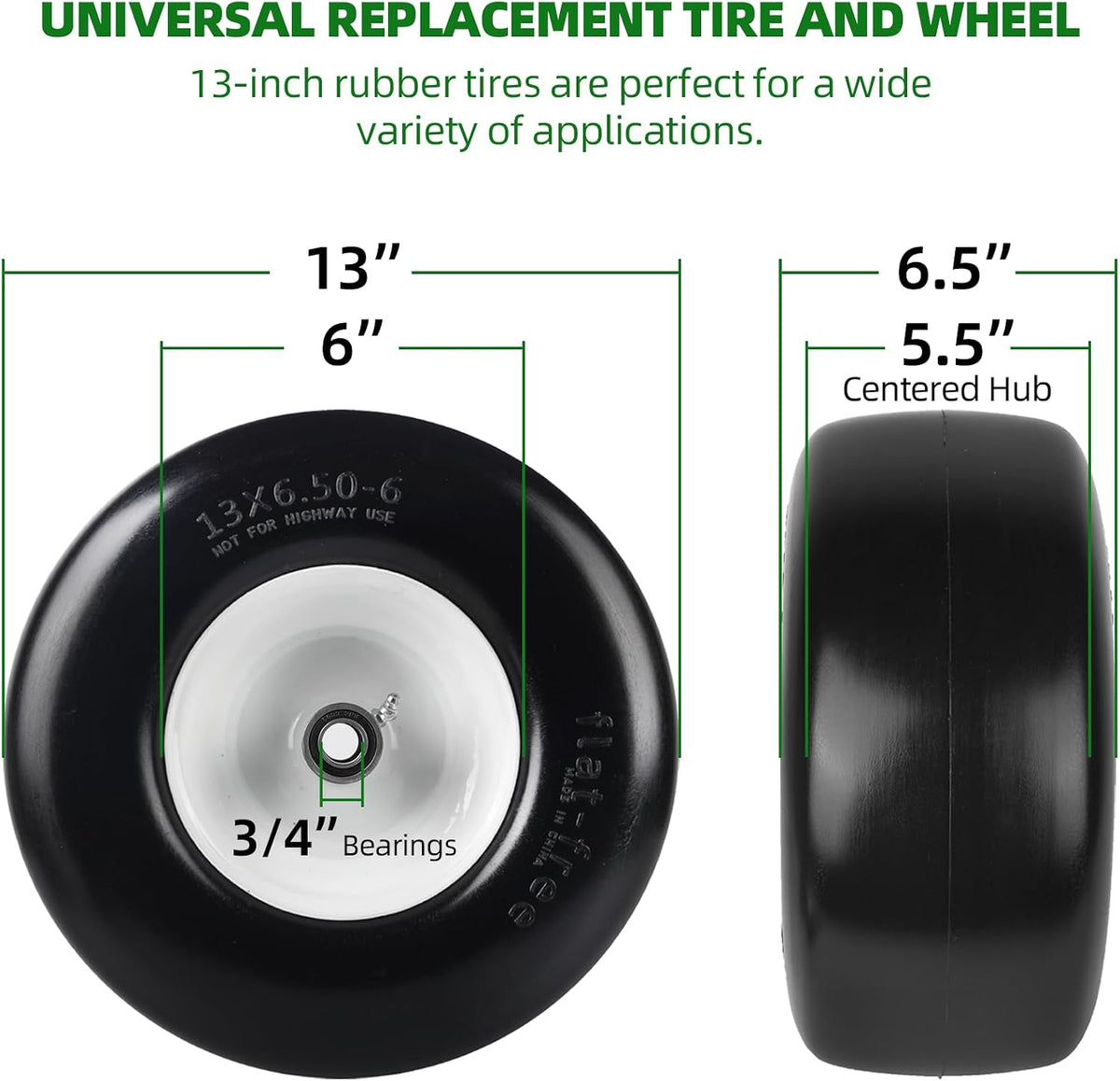 (2-Pack) 13x6.50-6 Flat Free Tire and Wheel - Universal 13x6.5-6 Solid Rubbe Riding Lawn Mower Tire with Rim - With