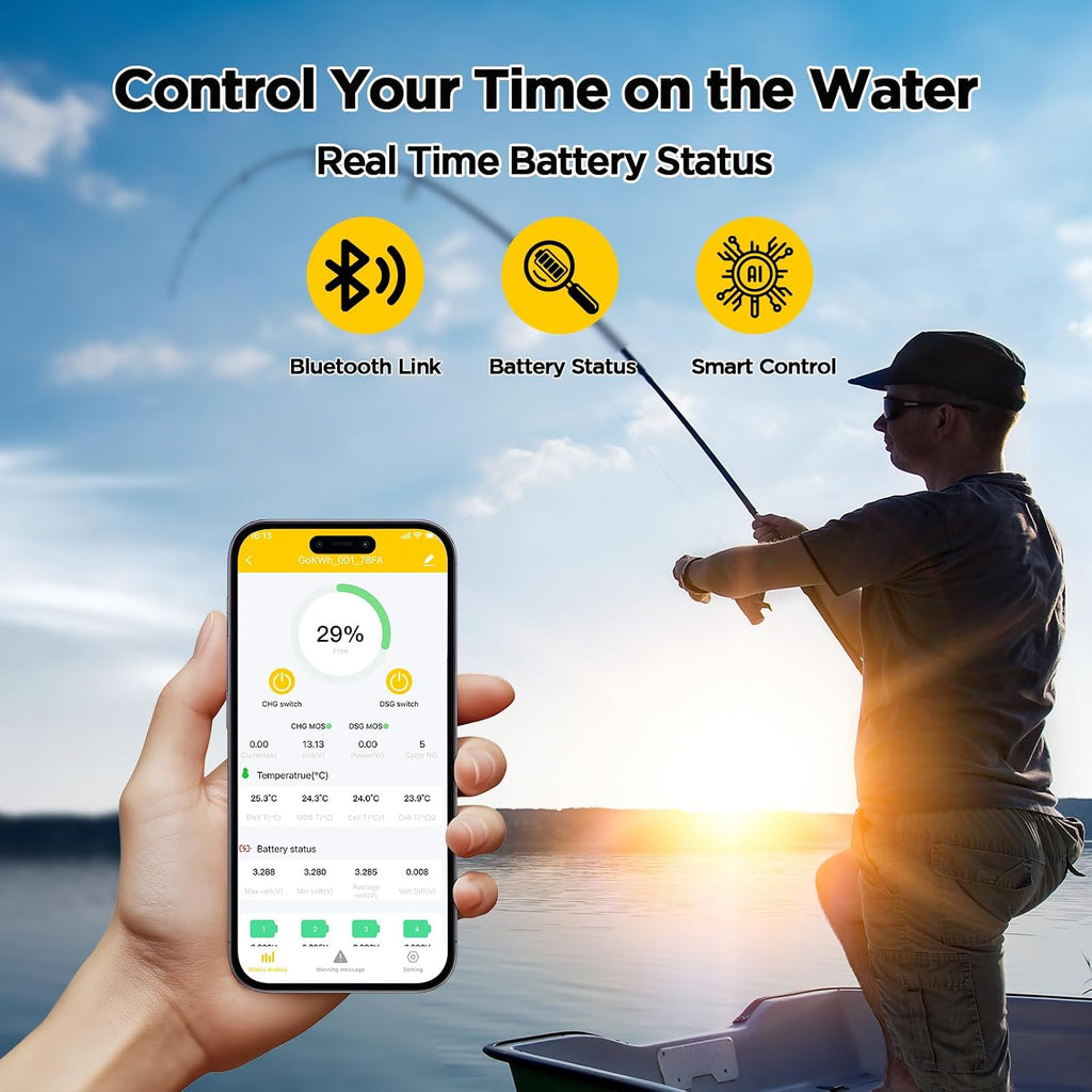 12V 100Ah LiFePO4 Marine Battery with Bluetooth APP, 1280Wh Deep Cycle Trolling Motor Battery, Built-in 100A BMS