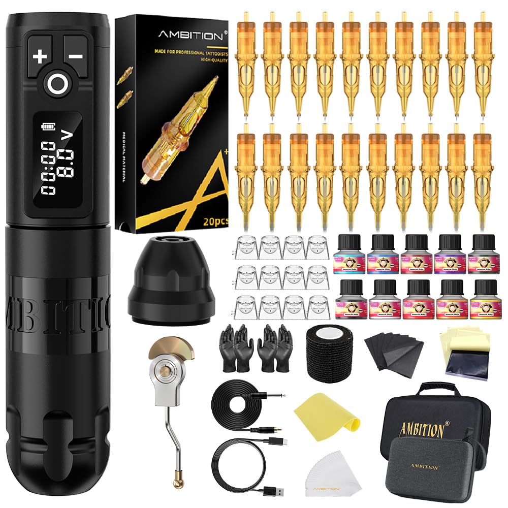 Soldier Tattoo Machine Kit Complete Rotary Wireless Tattoo Pen Gun Kit with 20pcs Glory Tattoo Cartridge Needles