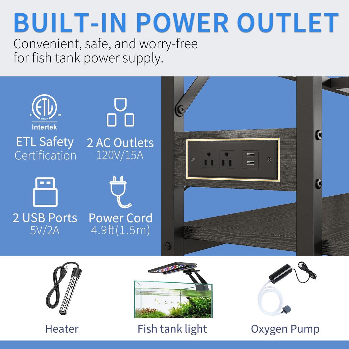 40 Gallon Fish Tank Stand with Power Outlet,Adjustable Shelf