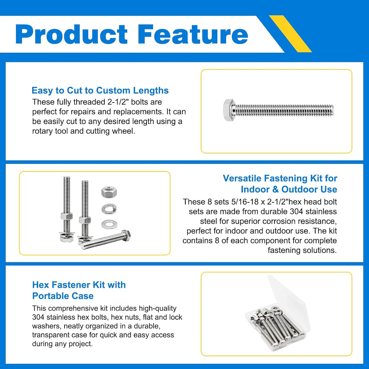 5/16-18 x 2-1/2" Hex Bolt Set with Nuts, Flat & Lock Washers - 304 SS