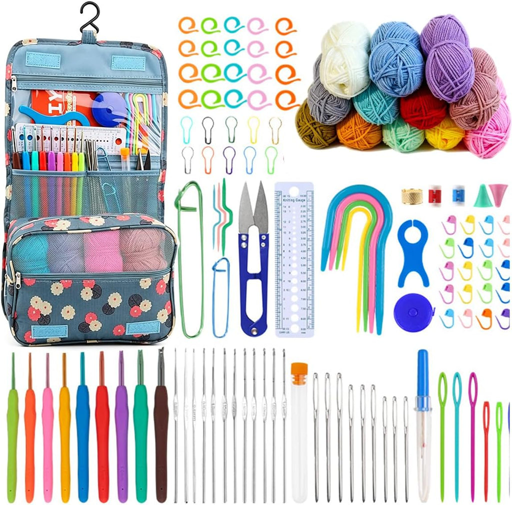 118Pcs Crochet Kit for Beginners, Premium Knitting & Crochet Supplies Set with 12 Yarn Spools, 21 Crochet Hooks, 6