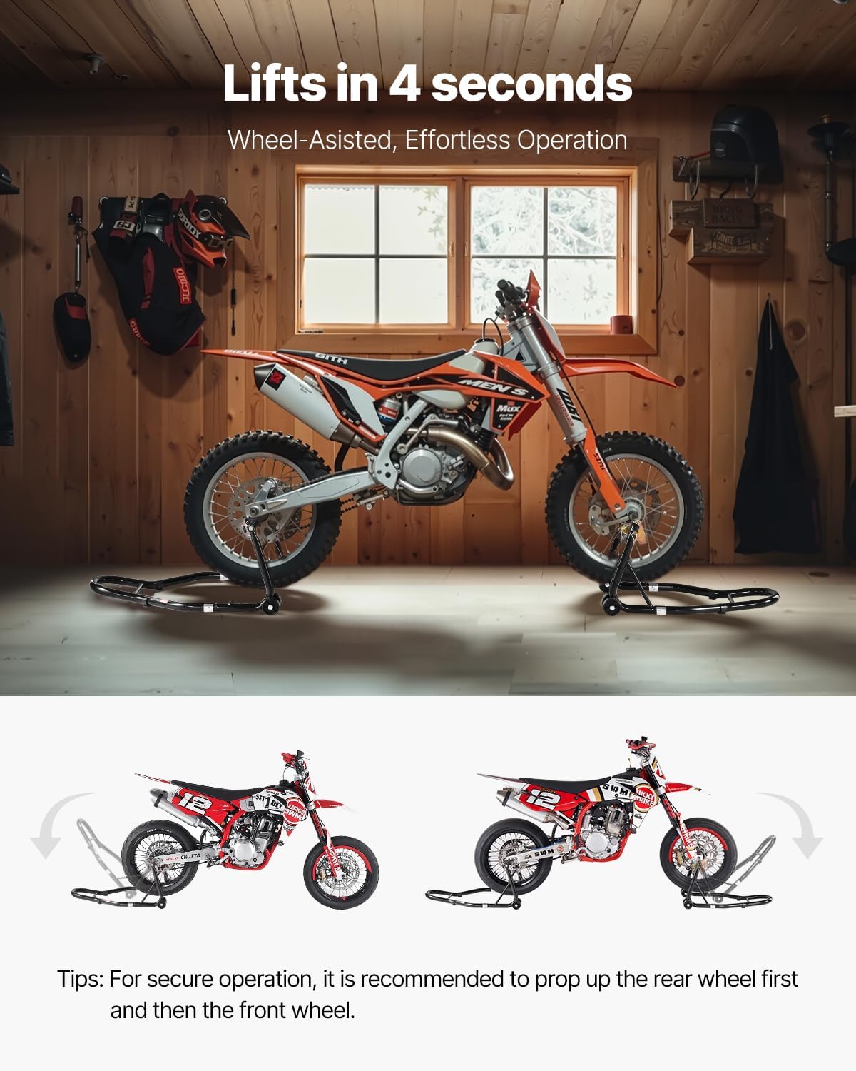 Motorcycle Stand Lift, 1100lbs Capacity Front Rear Combo Stand Lift, Front Wheel Dual-Fork Stands, Rear U+L Fork
