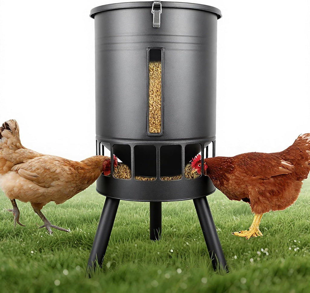 50LB Metal Chicken Feeder - Anti-Waste Design, 16 Ports, Black