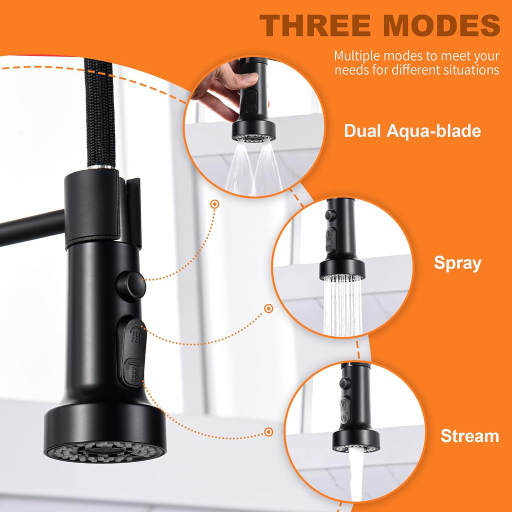 Kitchen Faucet Head Replacement Black, with 15 Adapters Plastic Pull Down Faucet Spray Head, 3 Modes Pull Out Kitchen