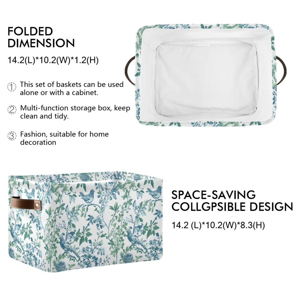 Chinoiserie Flower Bird Canvas Basket Storage Bin with PU Handle