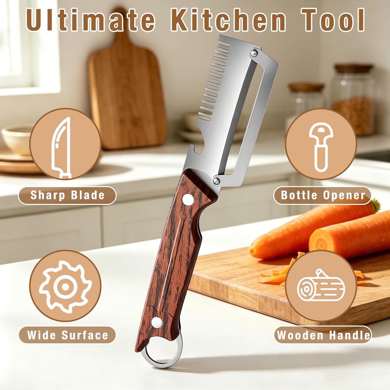 Multifunctional Vegetable Peeler, 2026 New 3-1 Stainless Steel Peeler with Wooden Handle & Bottle Opener, Kitchen