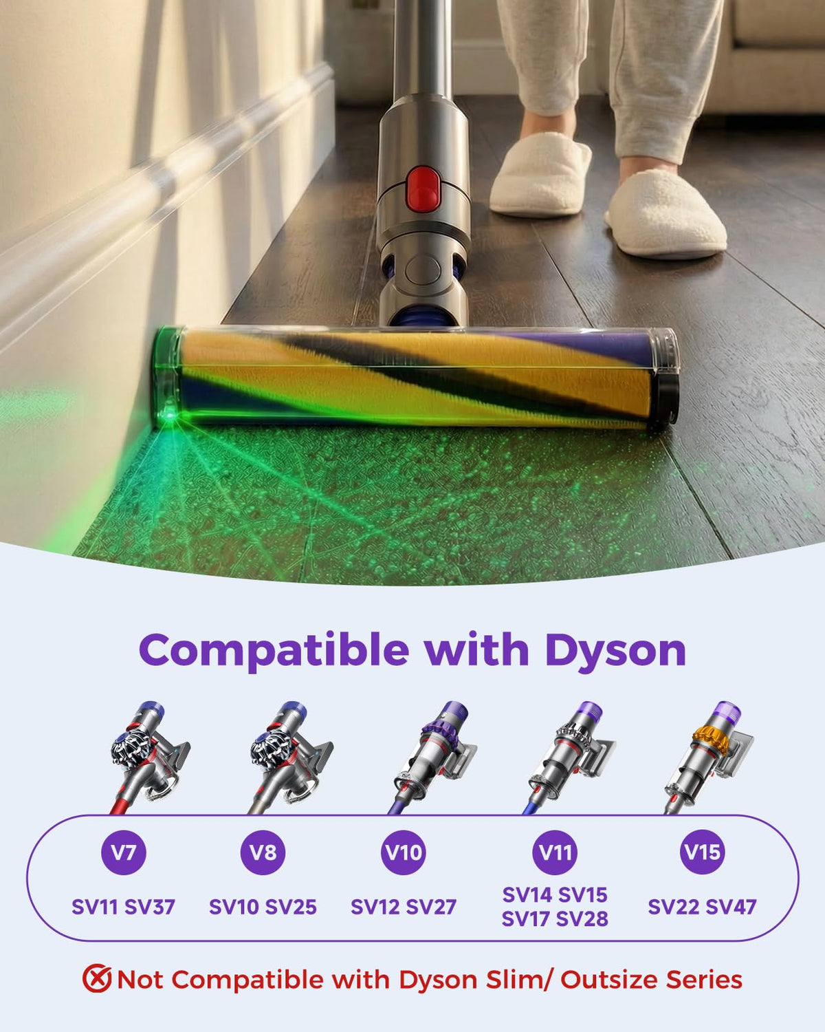 V8 LED Fluffy Optic Cleaner Head for Dyson V15 V11 V10 V7 Vacuum Cleaner