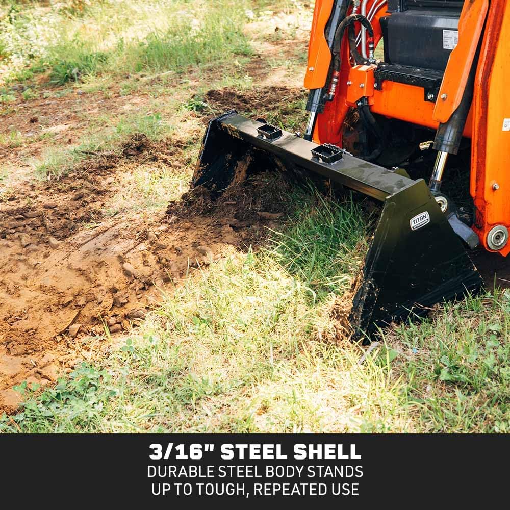 Titan Attachments 72" Skid Steer Dirt Bucket, 3/16" Thick Structural Steel, Universal Quick Tach Material Bucket with