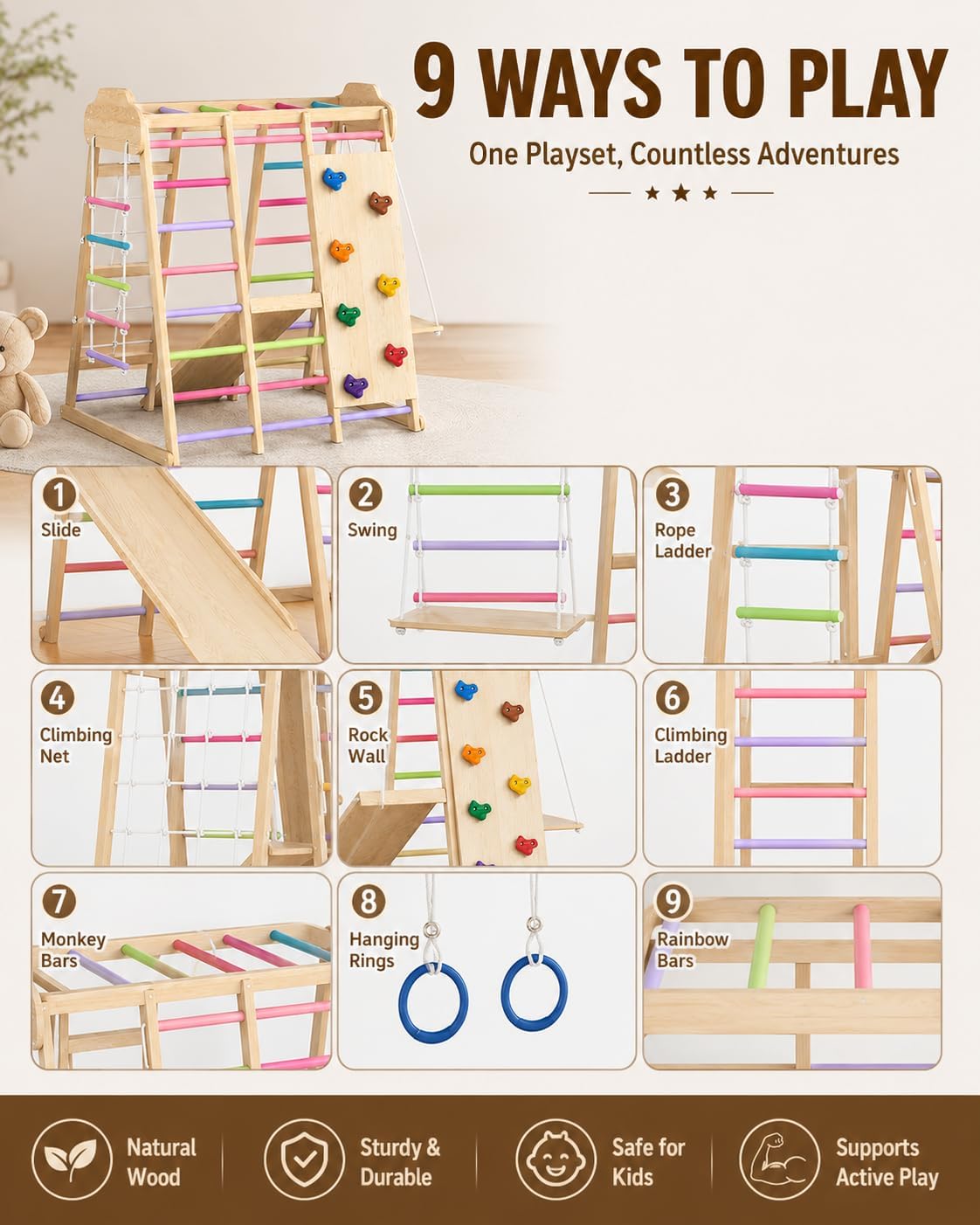 9-in-1 Indoor Playground for Toddlers, Montessori Wooden Jungle Gym Kids Climbing Indoor with Slide, Swing, Monkey
