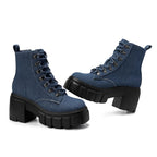 Womens Combat Boots Ankle Booties Lace up High Heel, Denim Size 7.5