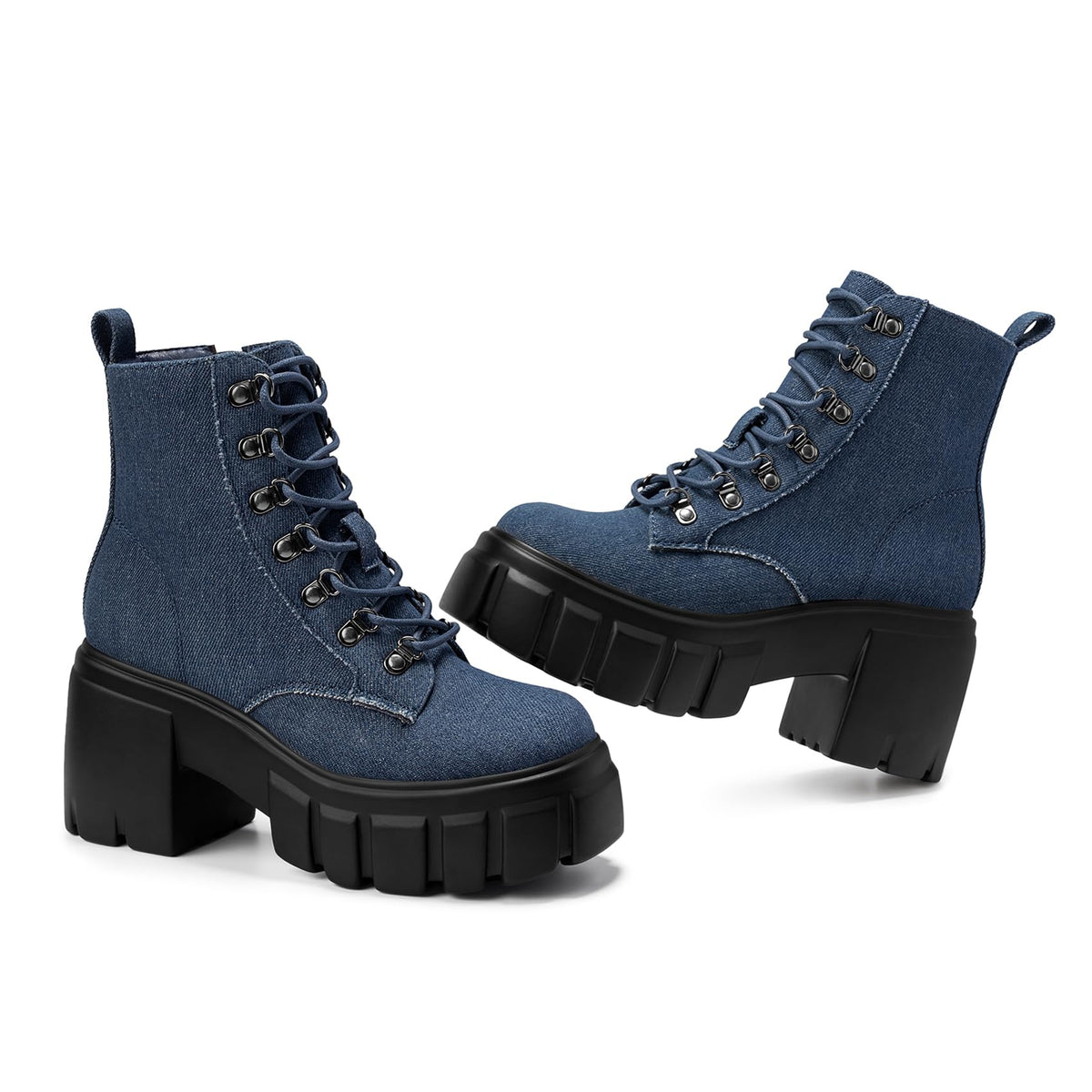 Womens Combat Boots Ankle Booties Lace up High Heel, Denim Size 7.5