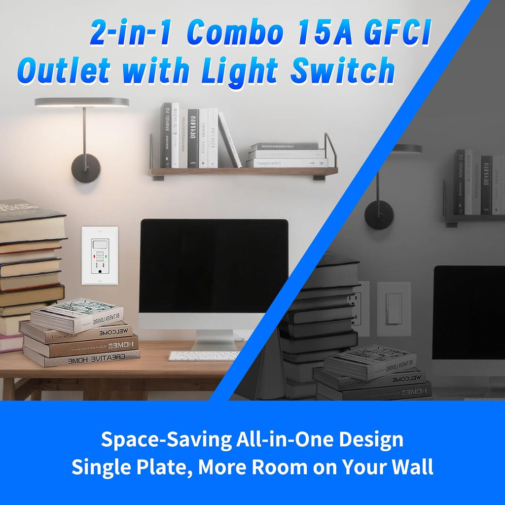 GFCI Outlet Light Switch Combo, 15A Self-Test TR ETL Listed 1 Pack | Tamper-Resistant Ground Fault Circuit