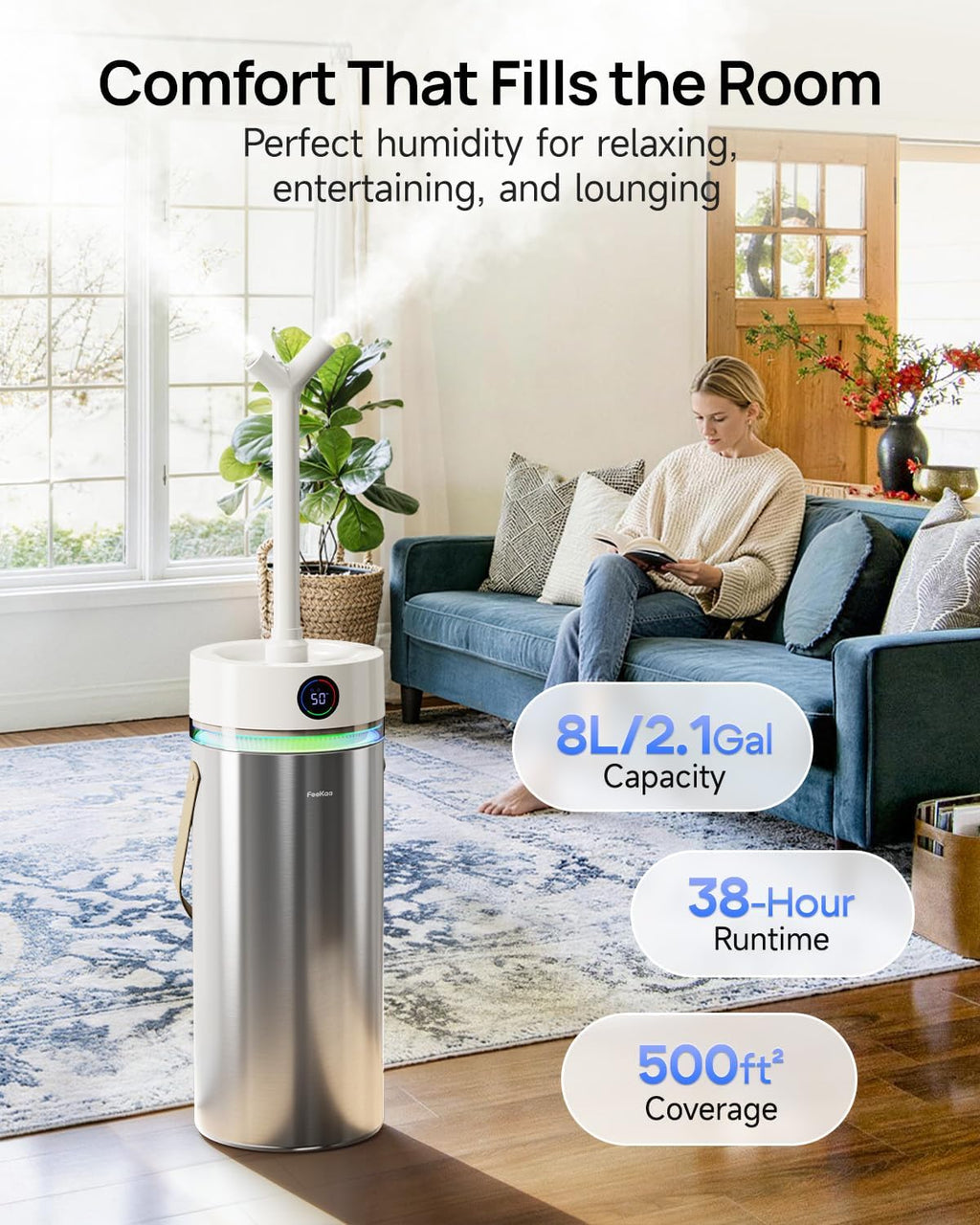 Stainless Steel Humidifier, 8L/2.1Gal Cool Mist Humidifiers for Bedroom, Easy to Clean Humidifier Large Room with