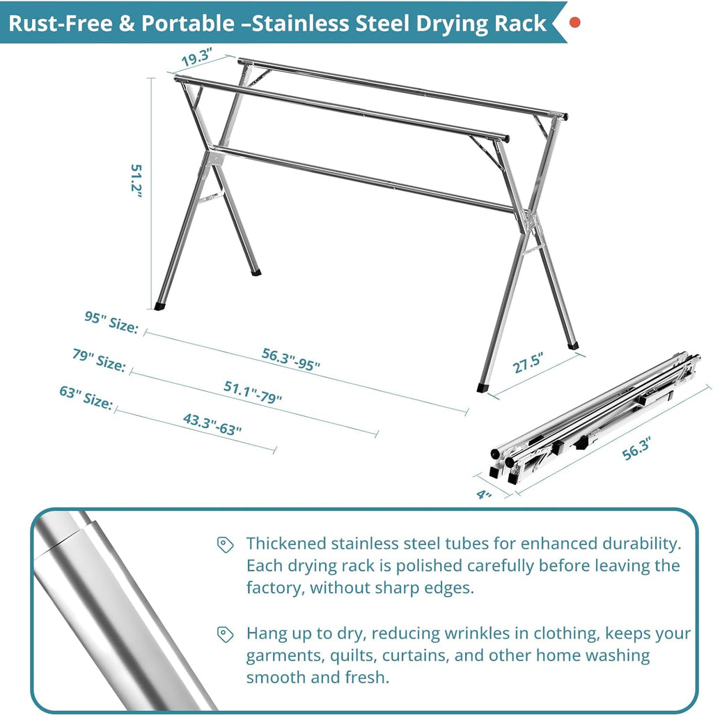 79" Clothes Drying Rack, Drying Rack Clothing Folding Indoor Outdoor | Heavy Duty Stainless Steel Laundry Rack