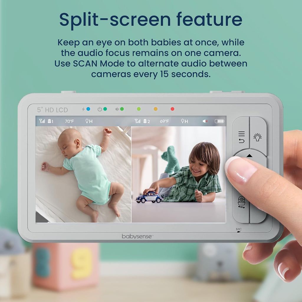 5" HD Non WiFi Split-Screen Baby Monitor, Video Baby Monitor with 2 Cameras and Audio, Night Light, 1000ft Range