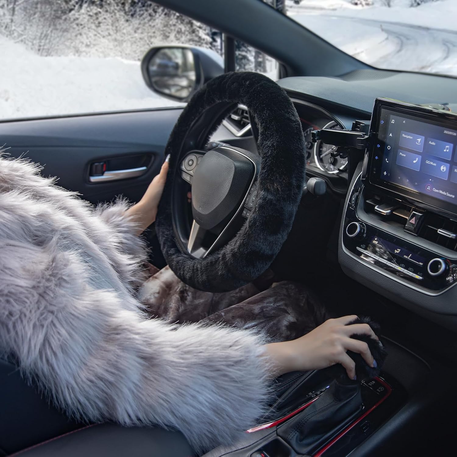 Furry Car Steering Wheel Cover with Fluffy Gear Shift Cover Soft Warm Non-Slip Car Decoration for Men Women Girls 2