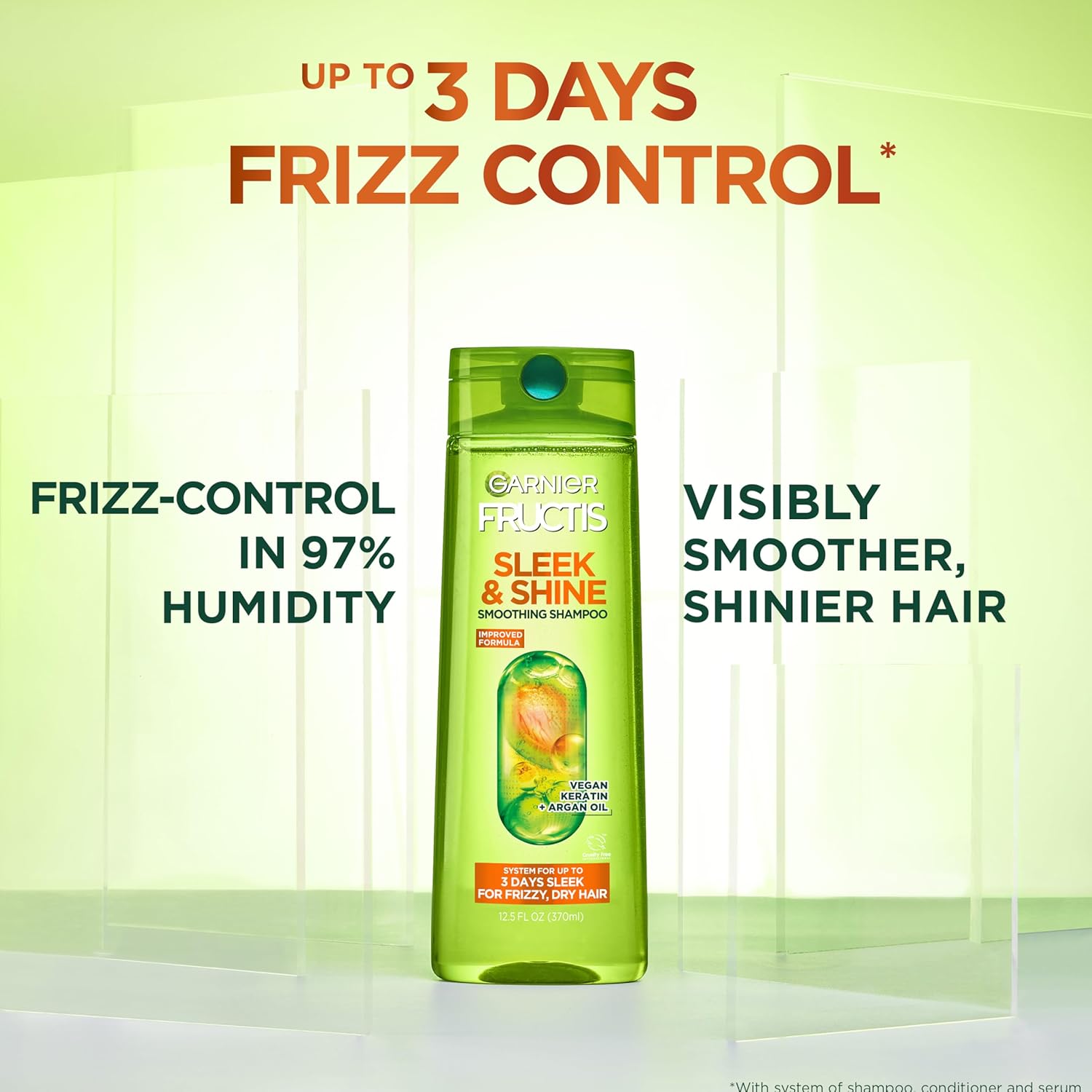 Fructis Sleek & Shine Shampoo, Conditioner + Leave-In Conditioer Set for Frizzy, Dry Hair, Plant Keratin + Argan Oil