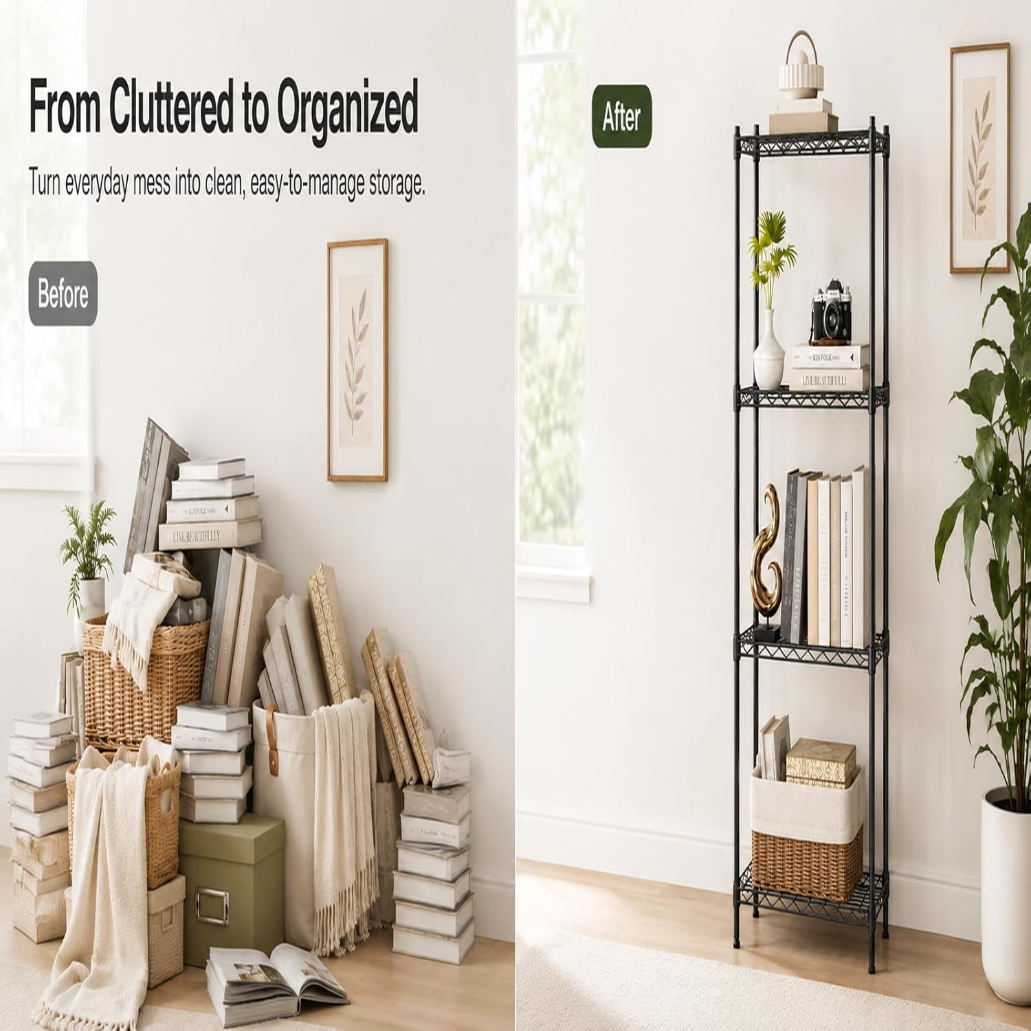 4 Tier Storage Shelves, Metal Wire Shelving Unit, Heavy Duty Adjustable Shelf Rack for Pantry, Kitchen, Garage and