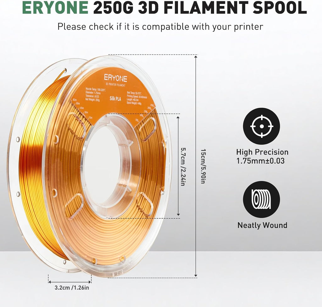 PLA Filament 3D Printer Filament Bundle Multicolor 1.75mm +/- 0.03mm, PLA Filament 250g Spool, 4 Rolls, Silk Pla 3