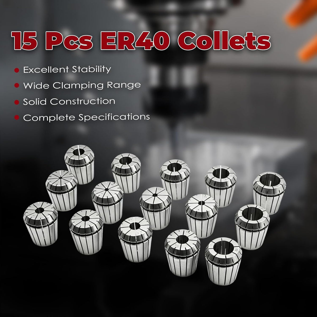 Nakkaa 15 Pcs R8 ER40 Collet Holder Kit 0.0004" Accuracy