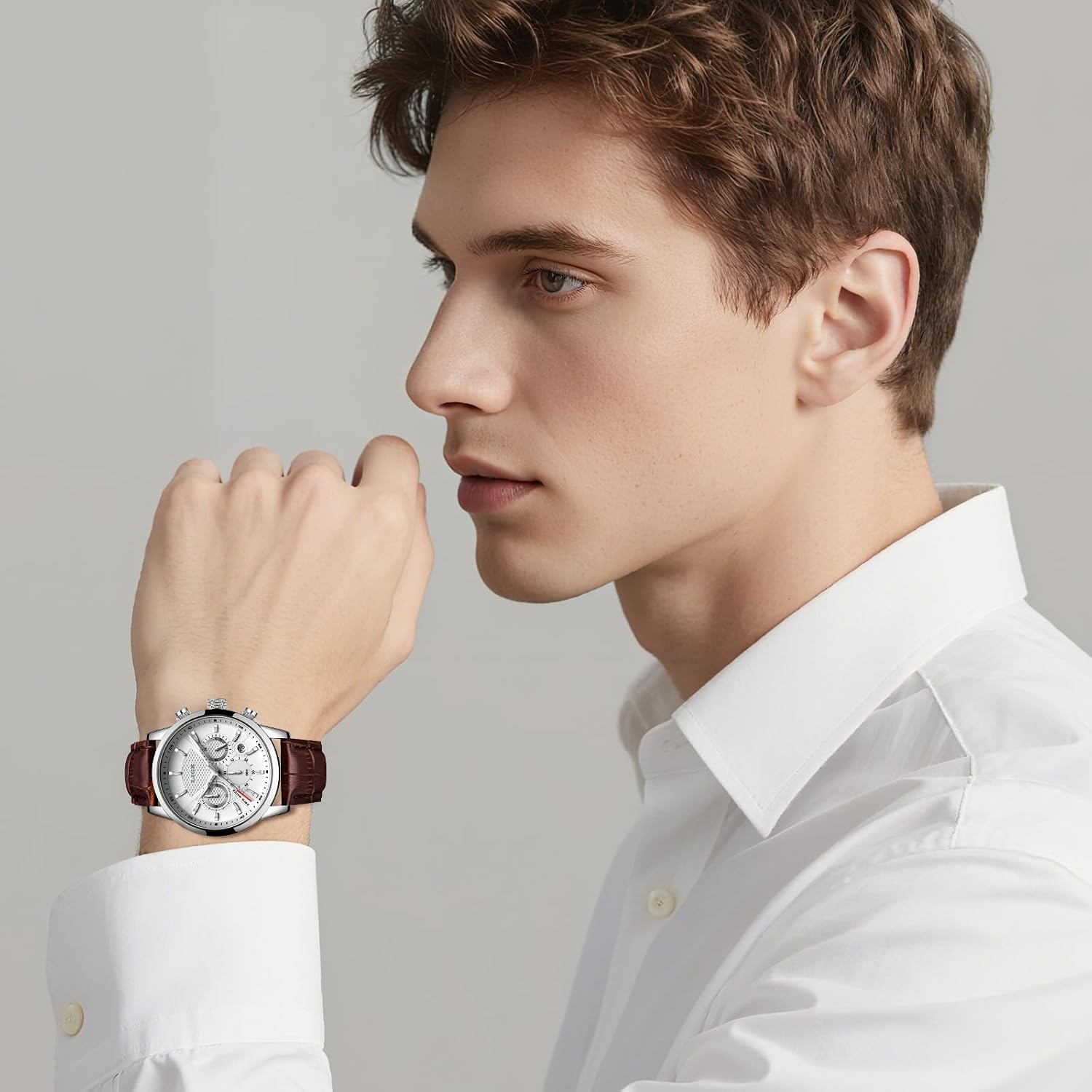 Wrist Leather Watches for Men Analog Dress Chronograph Waterproof Vintage Work Casual Quartz with Date Display