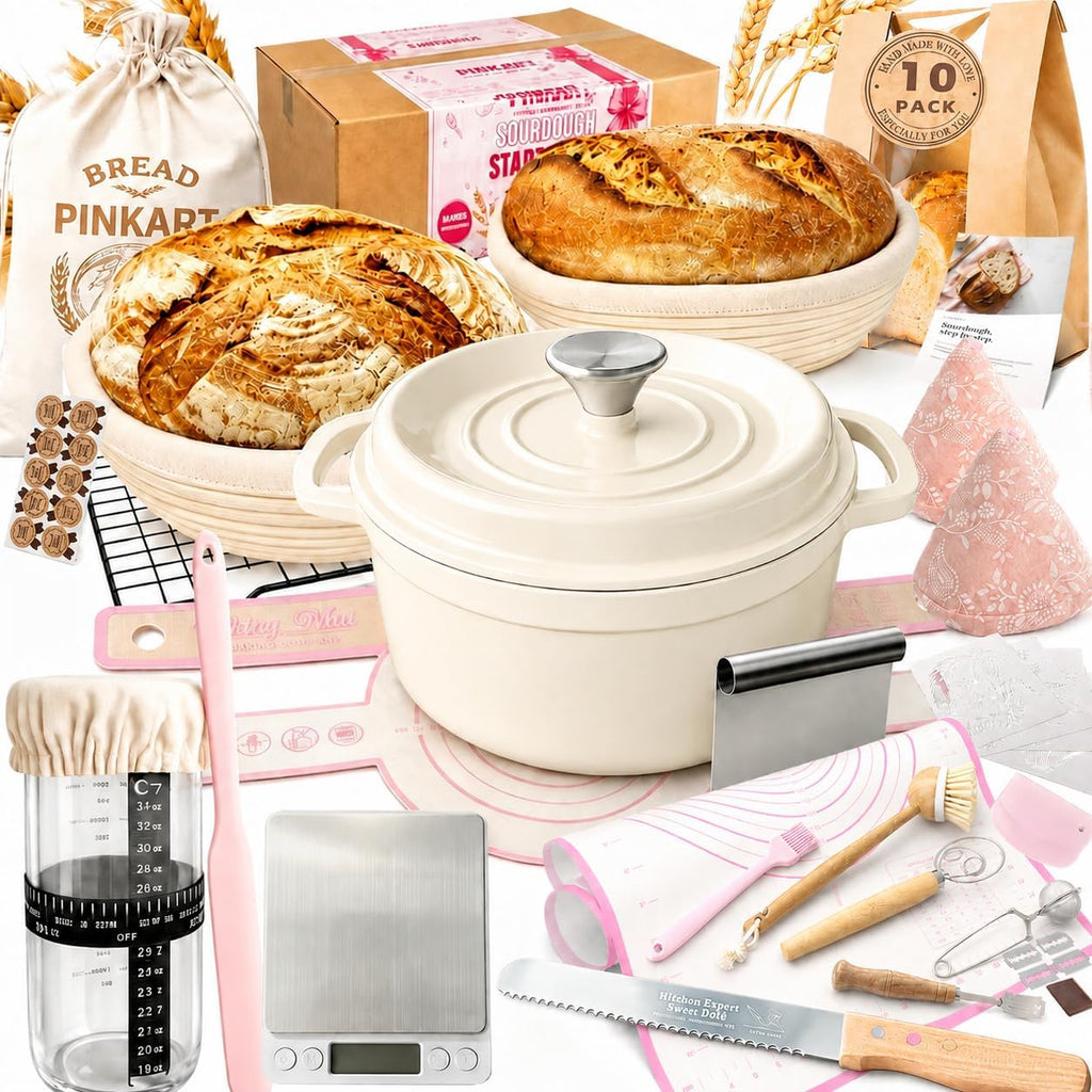 Complete Sourdough Starter Kit with Dutch Oven and Scale | 9" Round & 10" Oval Cotton Rope Proofing Baskets