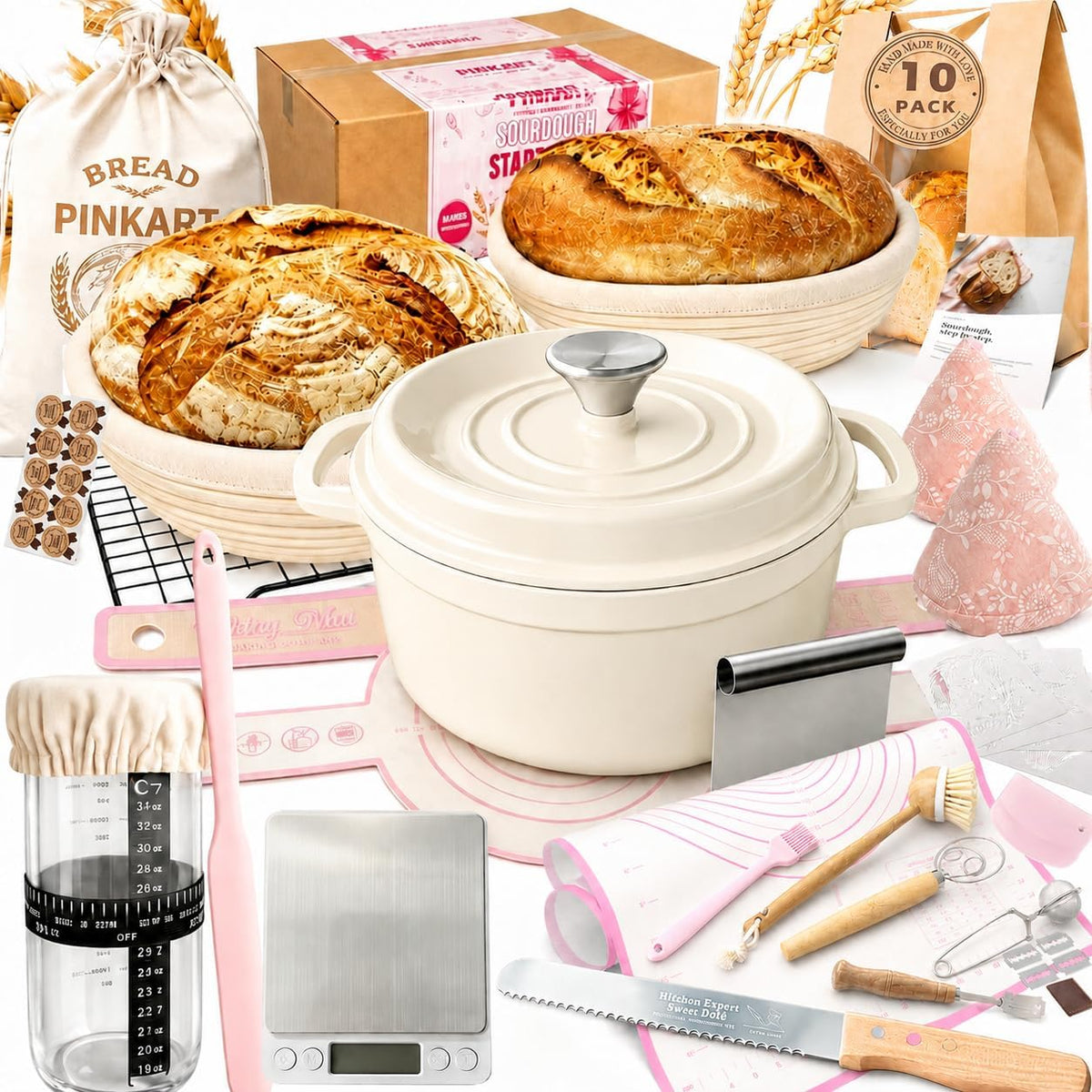 Complete Sourdough Starter Kit with Dutch Oven and Scale | 9" Round & 10" Oval Cotton Rope Proofing Baskets