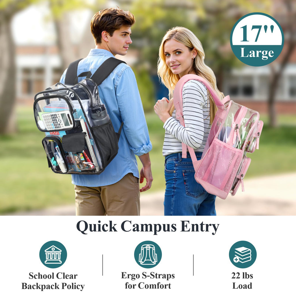 Clear Backpack for School - 17 inch Heavy Duty Clear Bookbag, Black