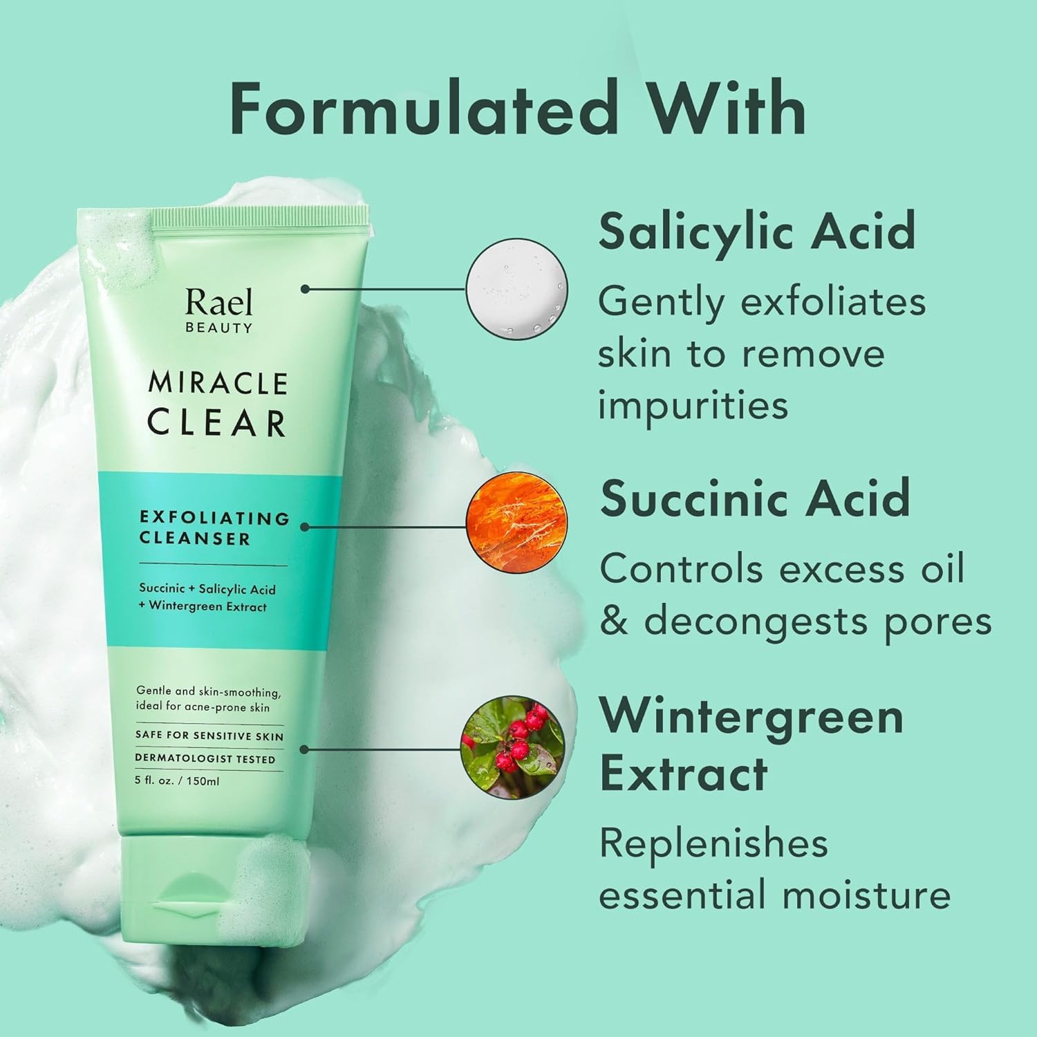 Miracle Clear Facial Cleanser Face Wash (Exfoliating Cleanser, 5.1 oz) | Gentle Exfoliating Deep Pore Cleansing with