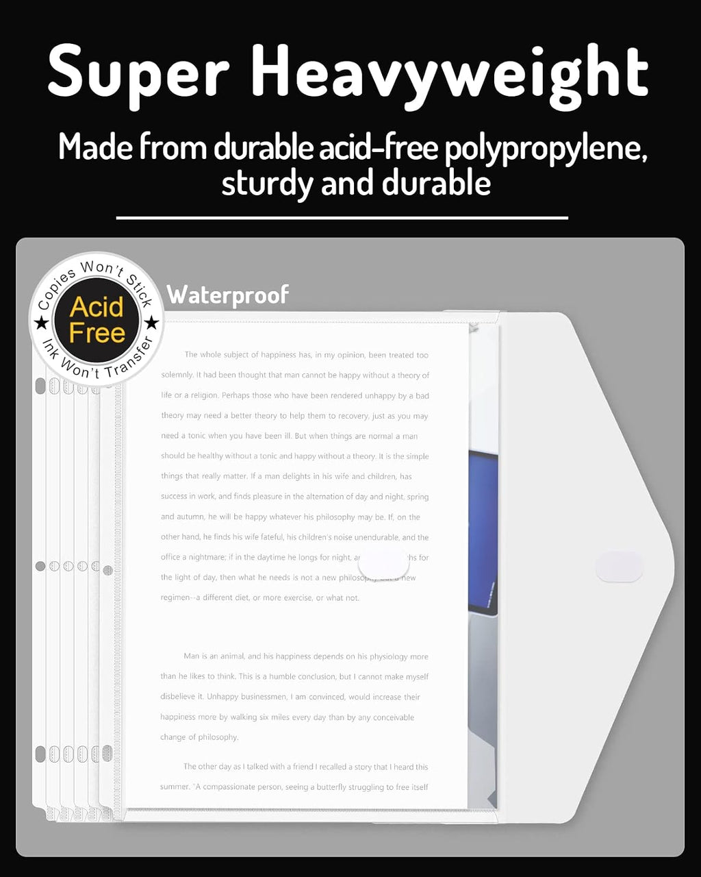 Binder Pocket, 10 Pack Super Heavyweight Plastic Folders | Tight Closure Binder Sleeves, Folders with Pockets Side