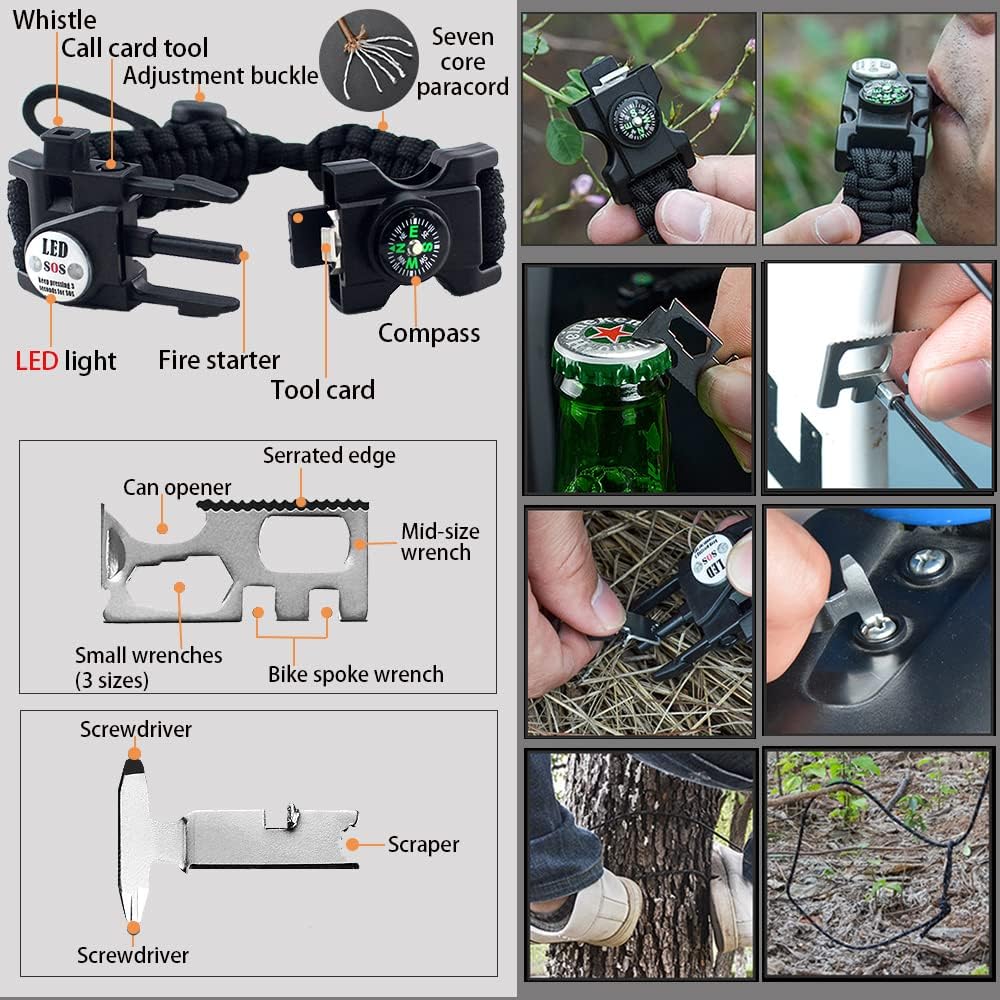 Survival Paracord Bracelet,Fire Starter,Waterproof SOS Light, Compass, Whistle, Adjustable AK87 20 in 1,Outdoor