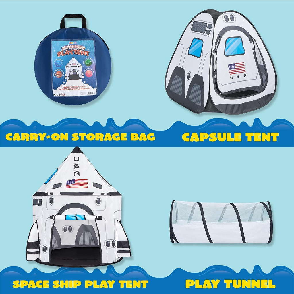White Rocket Ship Pop up Play Tent with Tunnel and Playhouse Kids Indoor Outdoor Spaceship Tent Set