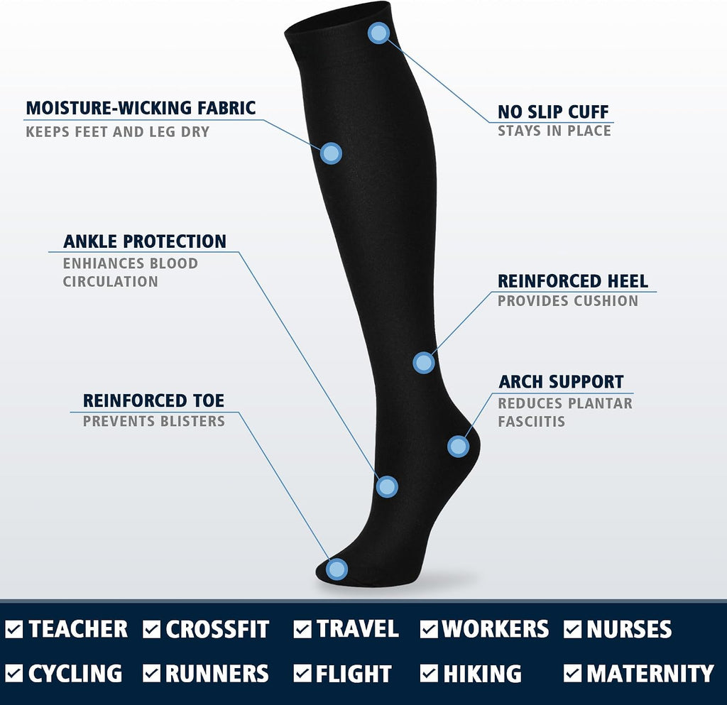 8 Pairs Wide Calf Compression Socks for Women Men 15-20 mmHg Knee High