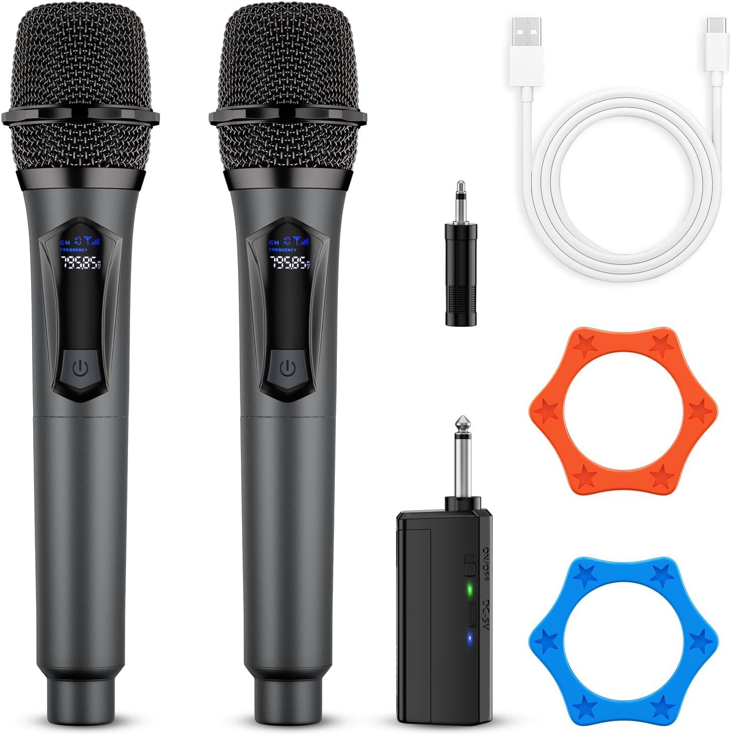 Wireless Microphone,Professional Dual Handheld Cordless Dynamic Mic System with Rechargeable Receiver,Plug &