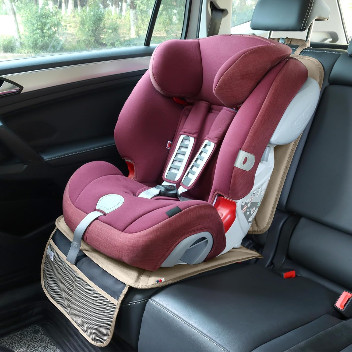 Car Seat Protector Leather Waterproof Child Safety Seat Protector Cover with Thick Pad and 2 Large Pockets Durable
