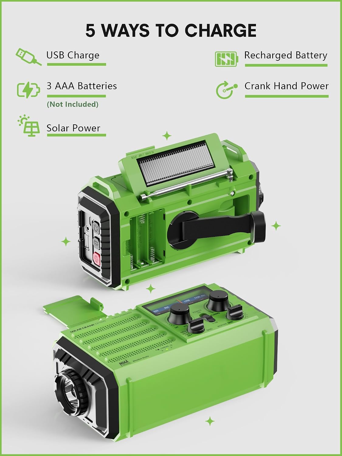 Weather Radio, 5000mAh/18500mWh Solar Hand Crank Emergency Radio, Battery Powered AM/FM/SW/NOAA Weather Alert Radio