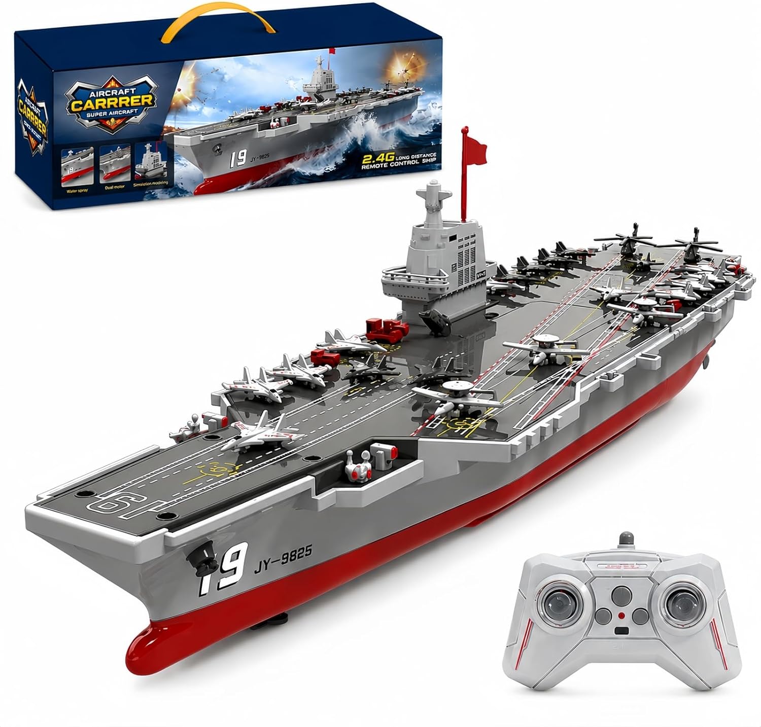 RC Boat with Water Spray, 16” Warship Battleship Aircraft Carrier with 2 Rechargeable Batteries, 15mph Dual-Motor