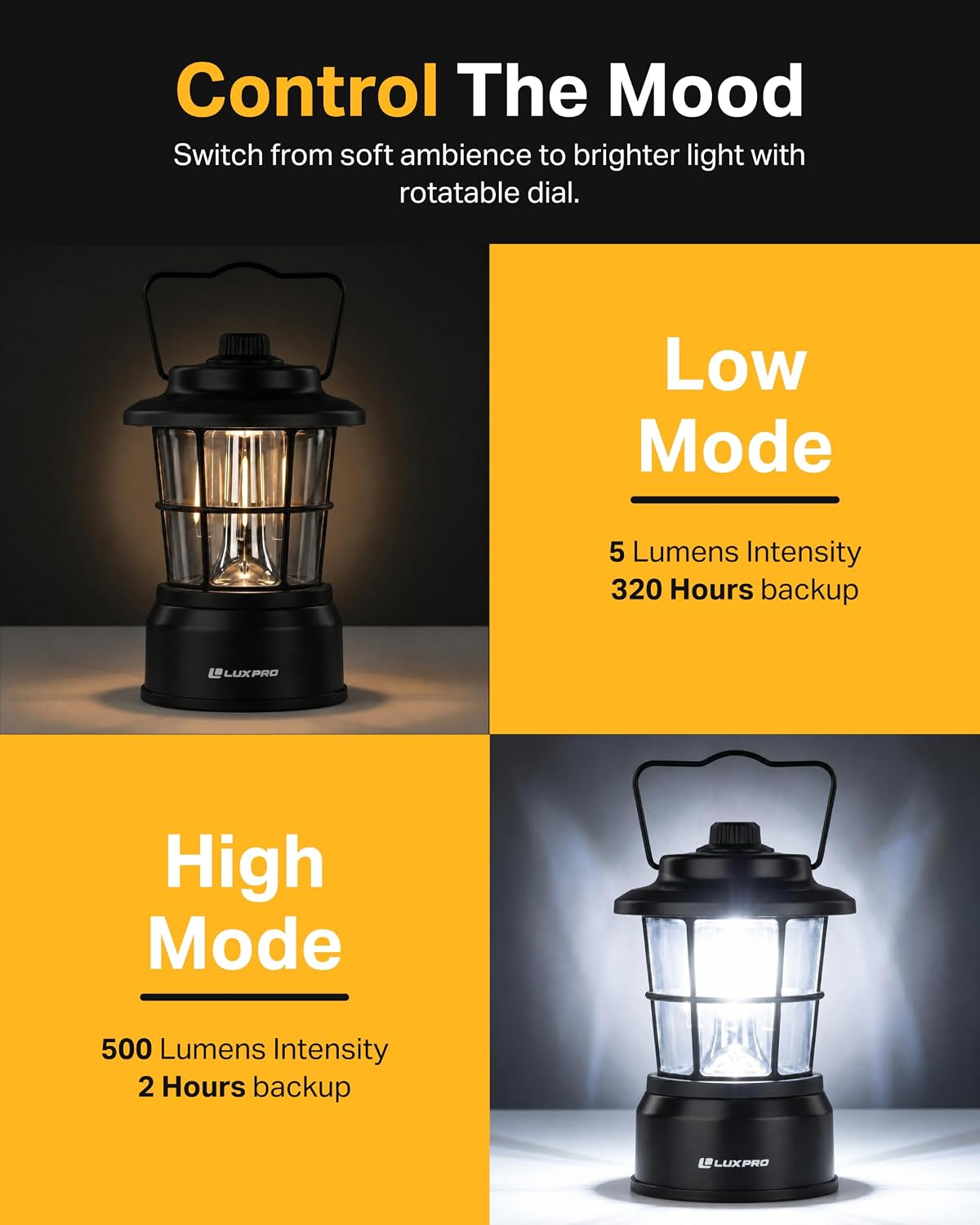 LP1536 Rechargeable Retro Lantern 500 Lumens Dual Power LED Camping Lantern, USB-C, Warm & White Dimmable Light