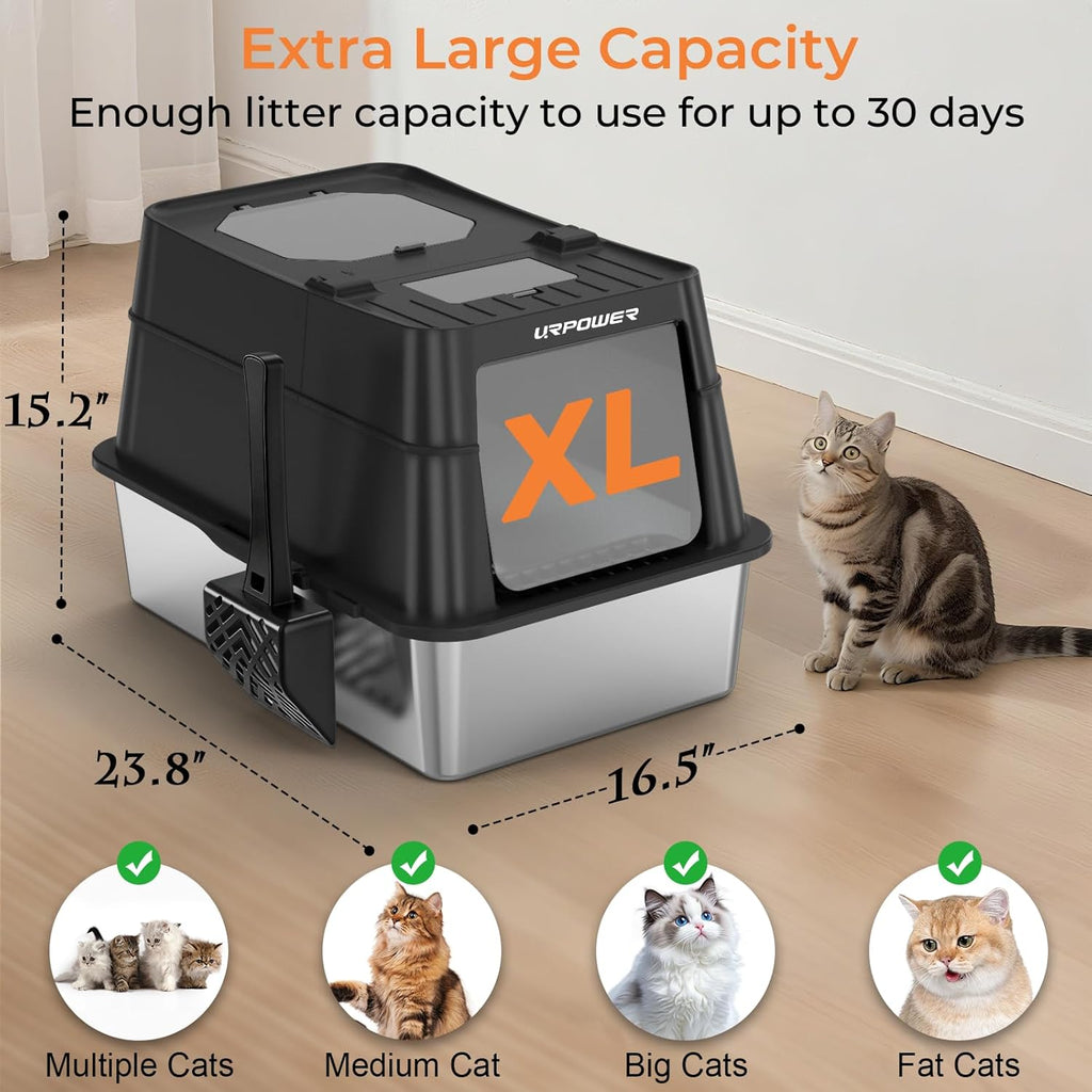 Stainless Steel Cat Litter Box with 110° Flip-Top Lid, XL Enclosed Metal Litter Box for Large Cats, Odor Control