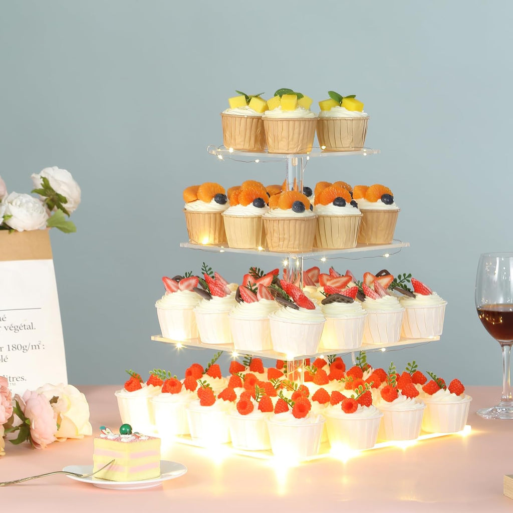 4 Tier Premium Cupcake Stand Cupcake Holder, Acrylic Cupcake Tower with LED Yellow Light for Cupcakes, Dessert Table