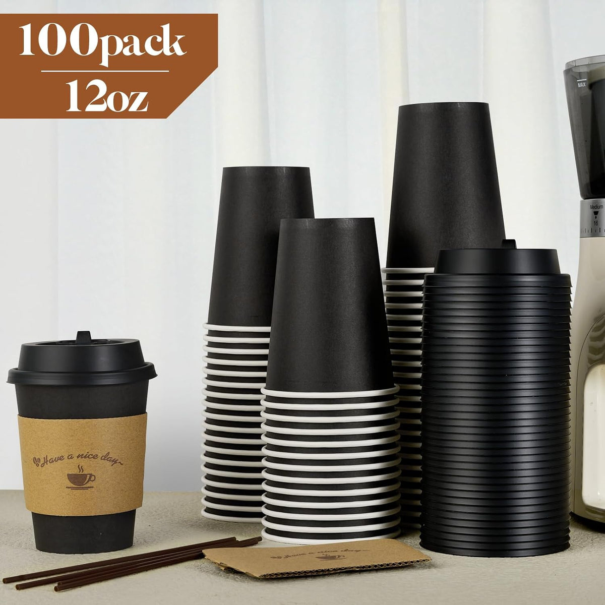 100 Pack 12 oz Coffee Cups with Lids, Disposable Coffee Cups