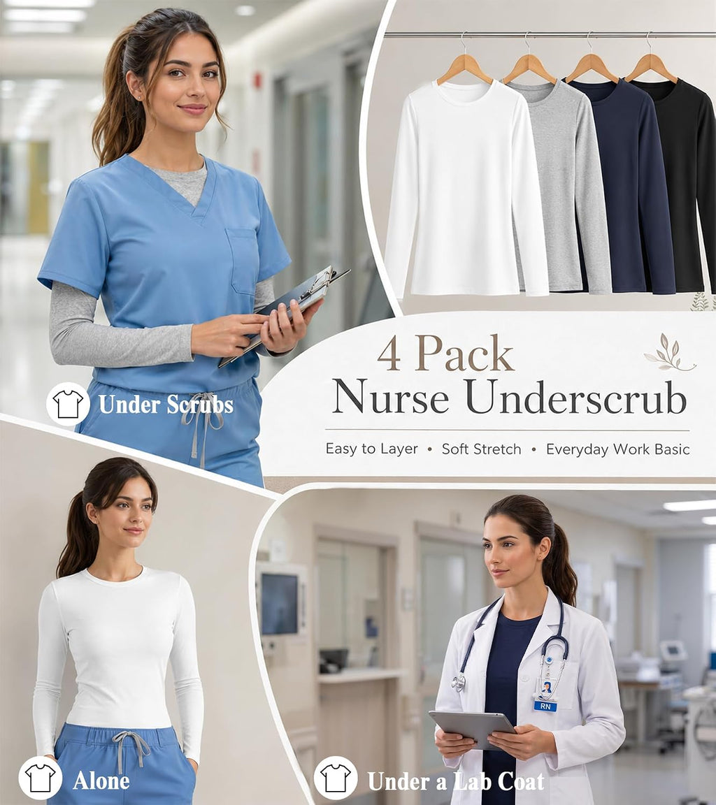 3/4 Pack Underscrub Long Sleeve Women, Scrub Undershirt Crew Neck Basic Tee
