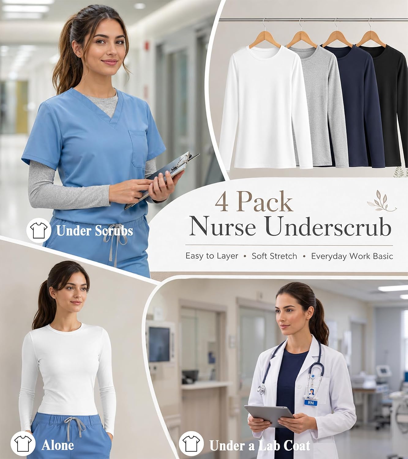3/4 Pack Underscrub Long Sleeve Women, Scrub Undershirt Crew Neck Basic Tee