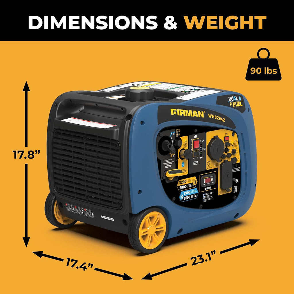 WH02942 Dual Fuel Inverter Portable Generator, 3200W Electric Start, Quiet 58 dB Operation, RV Ready TT-30R Outlet