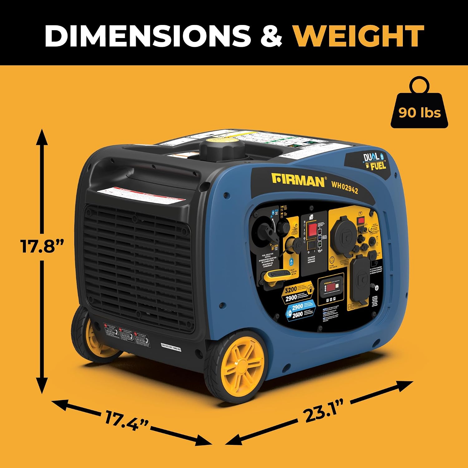 WH02942 Dual Fuel Inverter Portable Generator, 3200W Electric Start, Quiet 58 dB Operation, RV Ready TT-30R Outlet