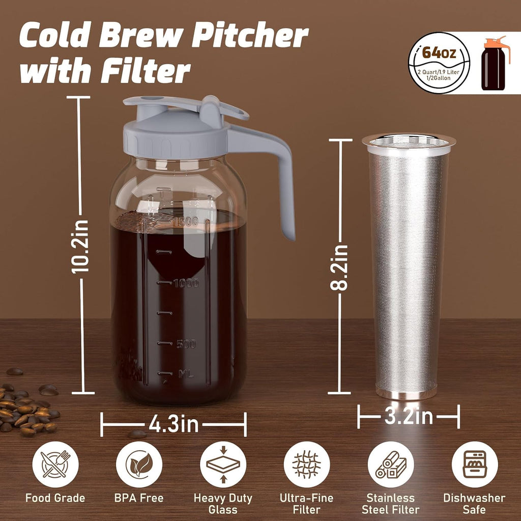 Cold Brew Coffee Maker, 64 oz Glass Mason Pitcher | 100μm stainless steel filter, wide mouth design, leak-proof lid