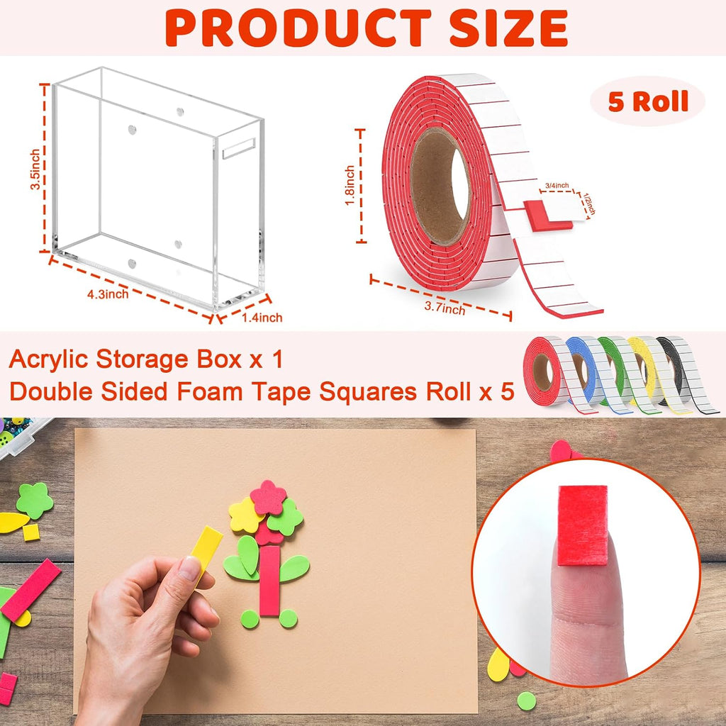 5 Roll Double Sided Foam Tape for Crafts with Acrylic Storage Box 0.75 x 0.47 Inch Pre-Cut Foam Mounting Tape Square