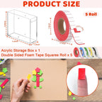 5 Roll Double Sided Foam Tape for Crafts with Acrylic Storage Box 0.75 x 0.47 Inch Pre-Cut Foam Mounting Tape Square