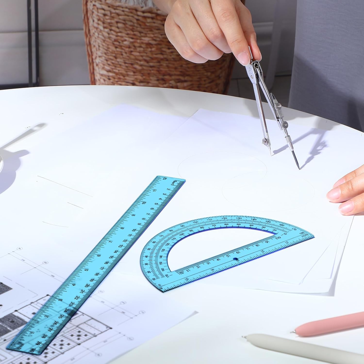 3 Pcs Plastic Ruler 6 Inch Protractor Drawing Compass Set, Student Geometry Math Transparent Measuring Tools for Home
